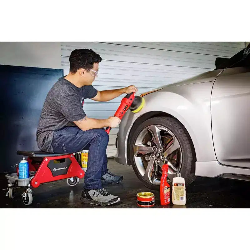 Red & Black Rolling Work Seat with Storage Trays, 1-Person