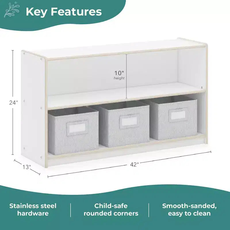Natural / White 2-Shelf Open Storage Unit with 3 Fabric Bins – For Kids