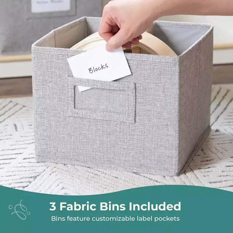 Natural / White 2-Shelf Open Storage Unit with 3 Fabric Bins – For Kids
