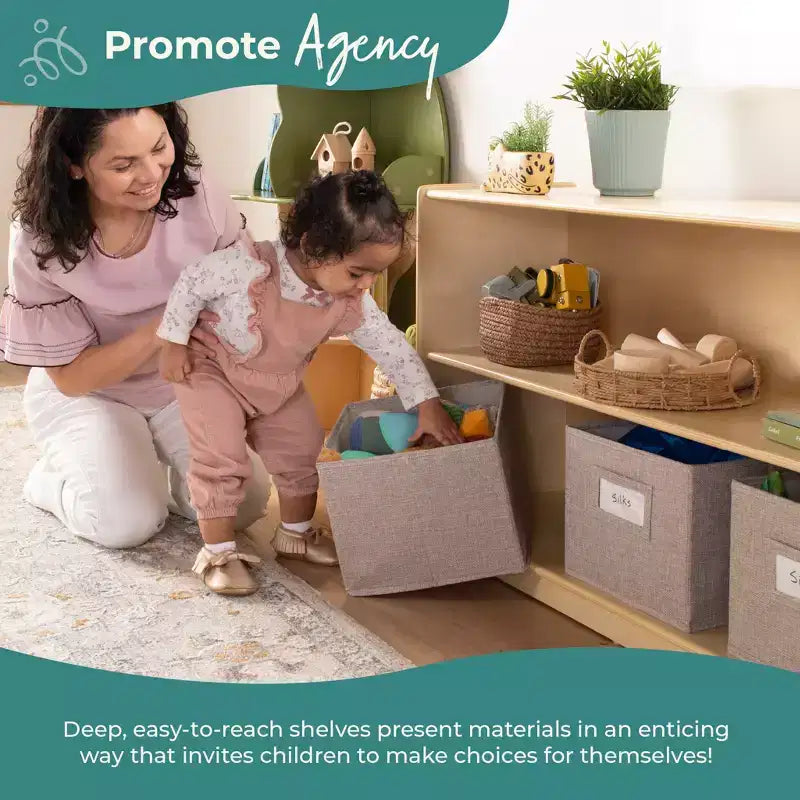 Natural / White 2-Shelf Open Storage Unit with 3 Fabric Bins – For Kids