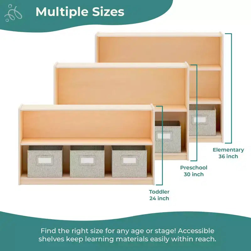 Natural / White 2-Shelf Open Storage Unit with 3 Fabric Bins – For Kids
