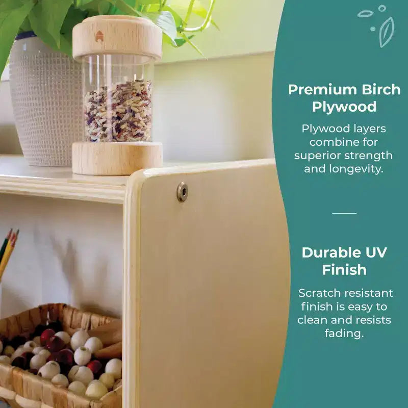 Natural / White 2-Shelf Open Storage Unit with 3 Fabric Bins – For Kids