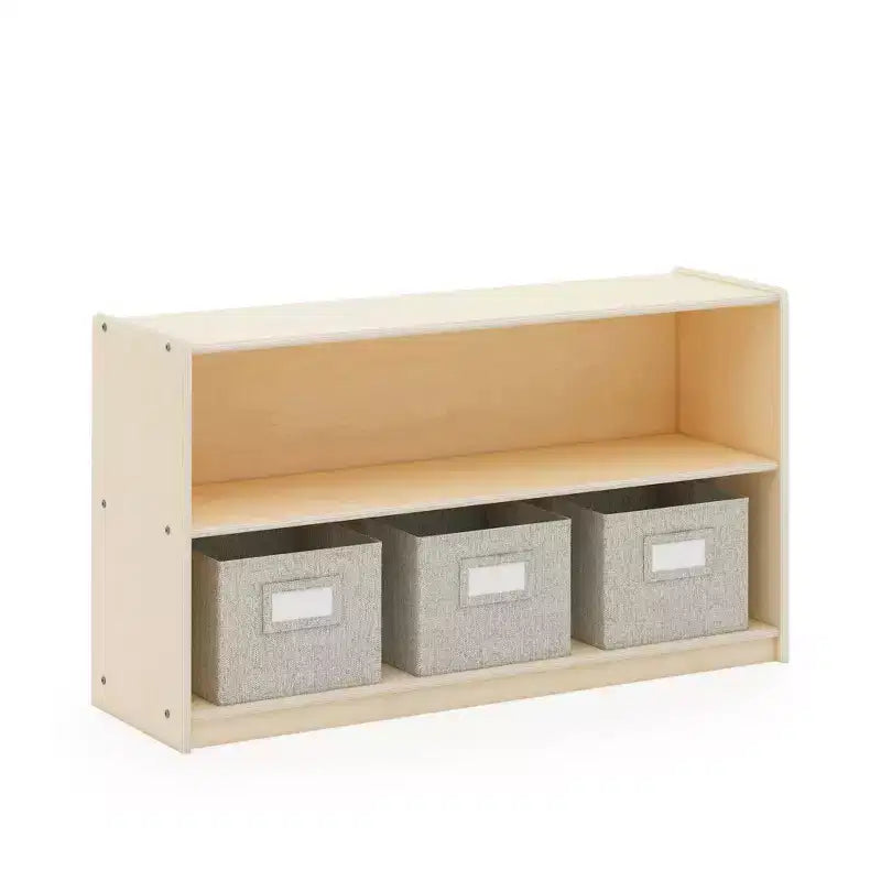Natural / White 2-Shelf Open Storage Unit with 3 Fabric Bins – For Kids