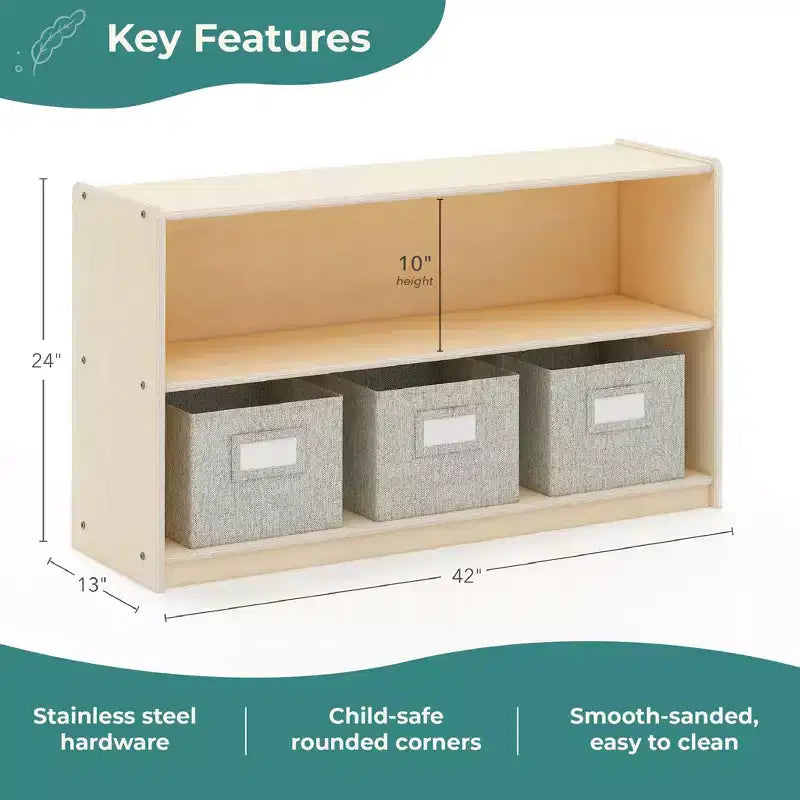Natural / White 2-Shelf Open Storage Unit with 3 Fabric Bins – For Kids