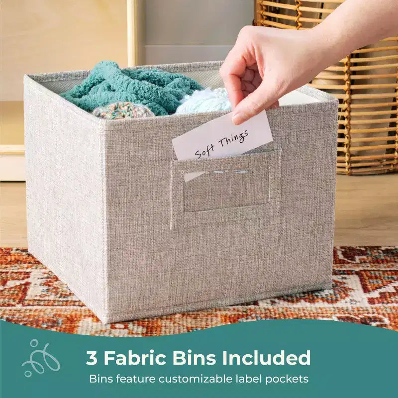 Natural / White 2-Shelf Open Storage Unit with 3 Fabric Bins – For Kids