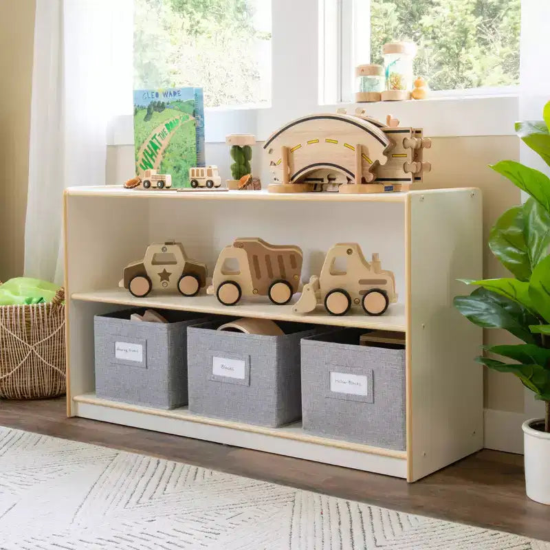 Natural / White 2-Shelf Open Storage Unit with 3 Fabric Bins – For Kids