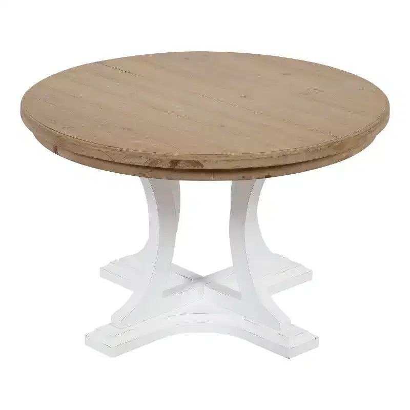 Round Wood Coffee Table, Rustic Brown & White, Criss-Cross Base
