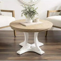 Table basse ronde en bois, marron rustique et blanc, piètement entrecroisé