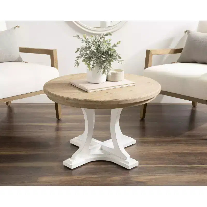 Round Wood Coffee Table, Rustic Brown & White, Criss-Cross Base