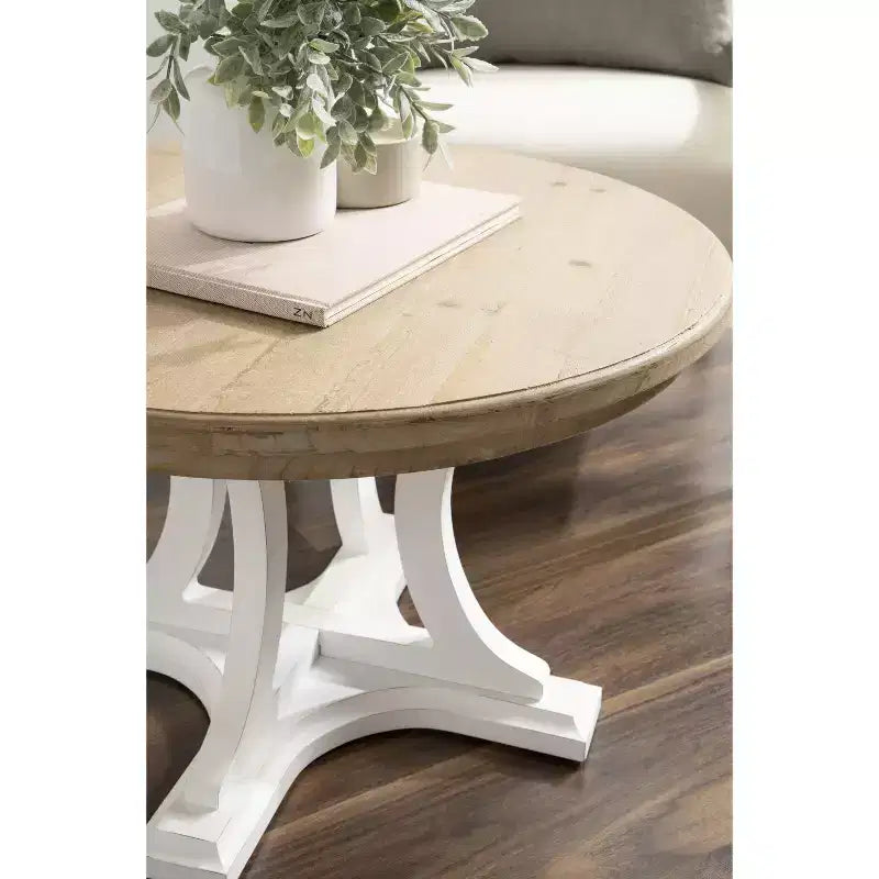 Round Wood Coffee Table, Rustic Brown & White, Criss-Cross Base