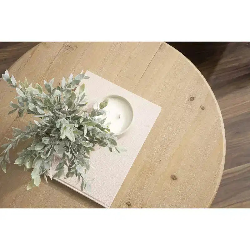 Round Wood Coffee Table, Rustic Brown & White, Criss-Cross Base