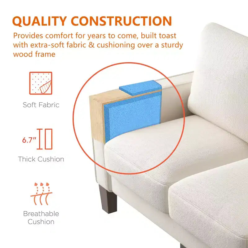 Cream 3-Seater Modern Fabric Sofa, 75"