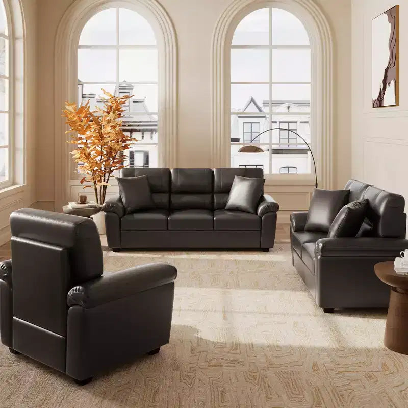 Ensemble de canapés et fauteuils de salon 6 places en similicuir avec oreillers, chocolat noir - Morden Fort