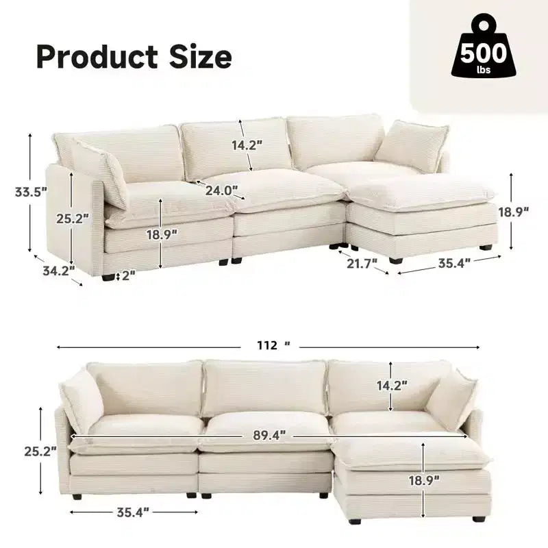 Canapé sectionnel moderne 4 pièces Likepay en velours côtelé de 284 cm de large avec ottoman