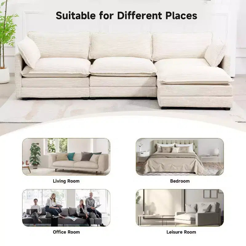 Canapé sectionnel moderne 4 pièces Likepay en velours côtelé de 284 cm de large avec ottoman