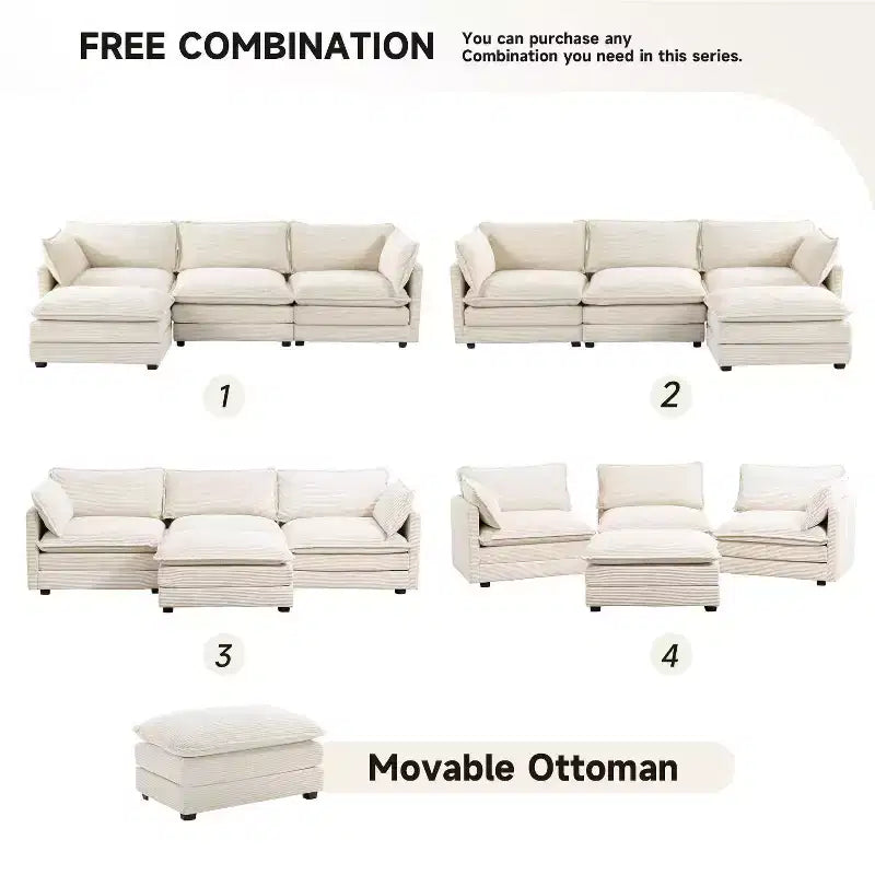 Canapé sectionnel moderne 4 pièces Likepay en velours côtelé de 284 cm de large avec ottoman