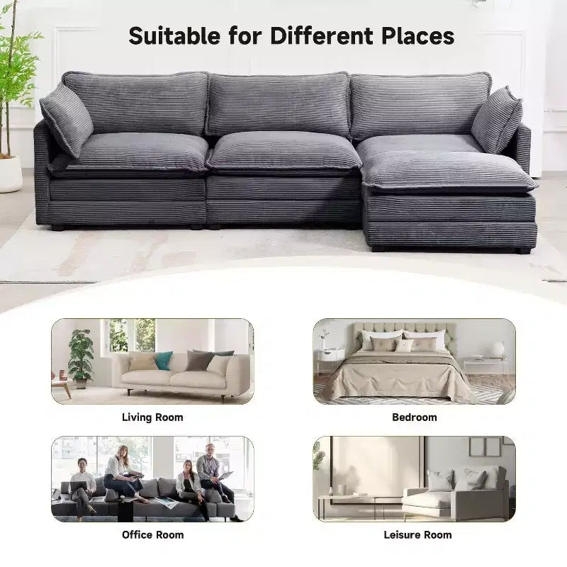Canapé sectionnel moderne 4 pièces Likepay en velours côtelé de 284 cm de large avec ottoman