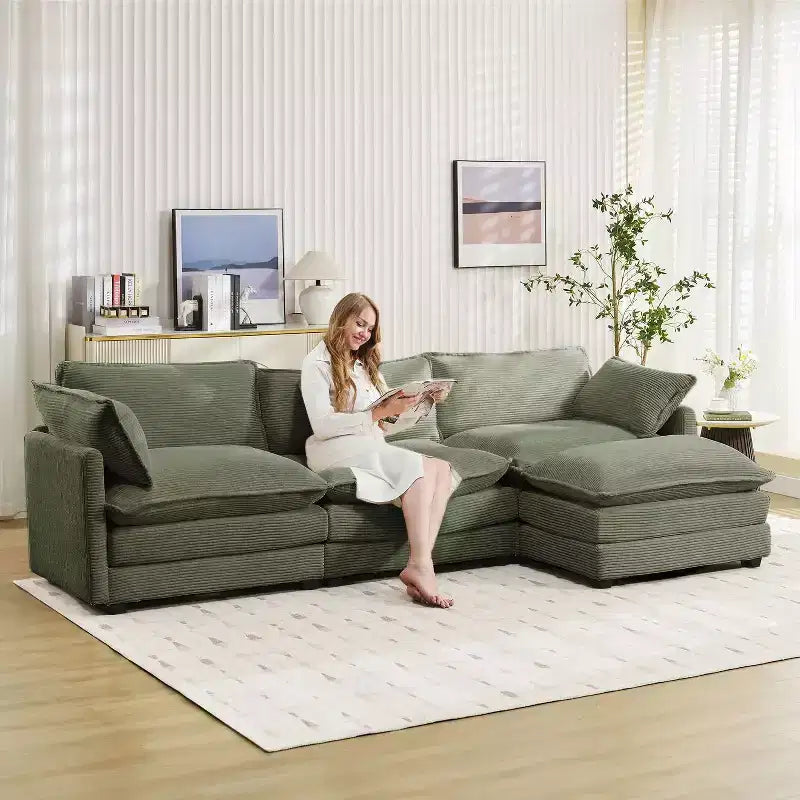 Canapé sectionnel moderne 4 pièces Likepay en velours côtelé de 284 cm de large avec ottoman