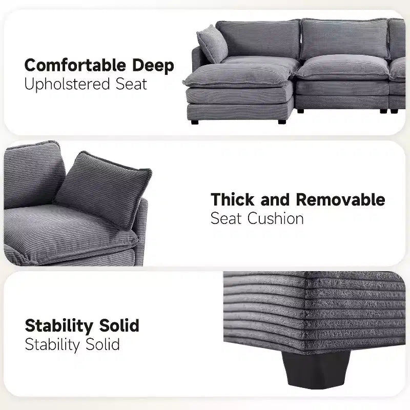 Canapé sectionnel moderne 4 pièces Likepay en velours côtelé de 284 cm de large avec ottoman