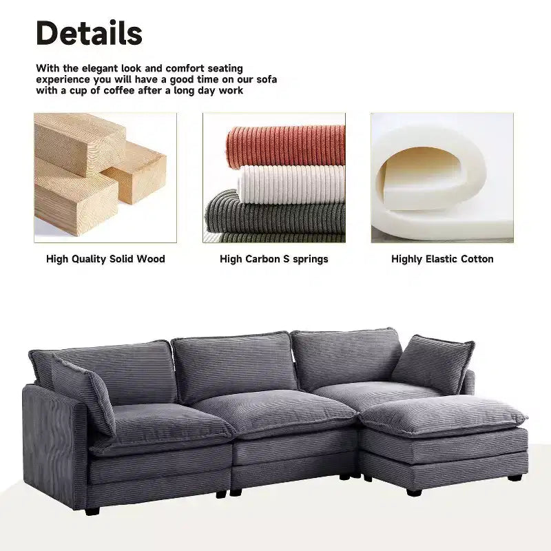 Canapé sectionnel moderne 4 pièces Likepay en velours côtelé de 284 cm de large avec ottoman