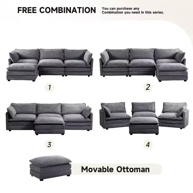 Canapé sectionnel moderne 4 pièces Likepay en velours côtelé de 284 cm de large avec ottoman