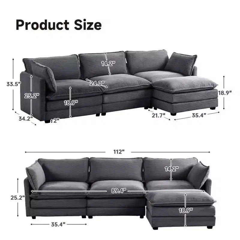 Canapé sectionnel moderne 4 pièces Likepay en velours côtelé de 284 cm de large avec ottoman