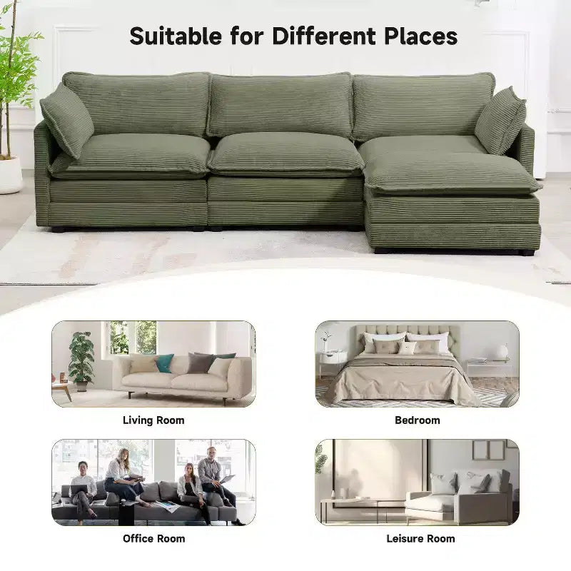 Canapé sectionnel moderne 4 pièces Likepay en velours côtelé de 284 cm de large avec ottoman