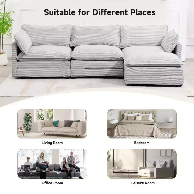 Canapé sectionnel moderne 4 pièces Likepay en velours côtelé de 284 cm de large avec ottoman