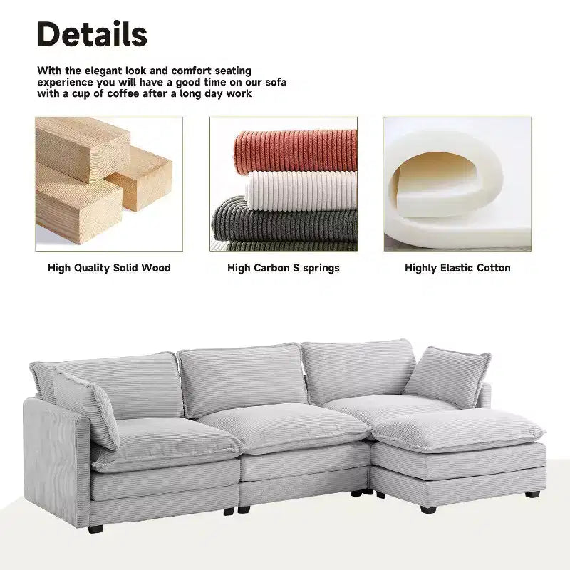 Canapé sectionnel moderne 4 pièces Likepay en velours côtelé de 284 cm de large avec ottoman