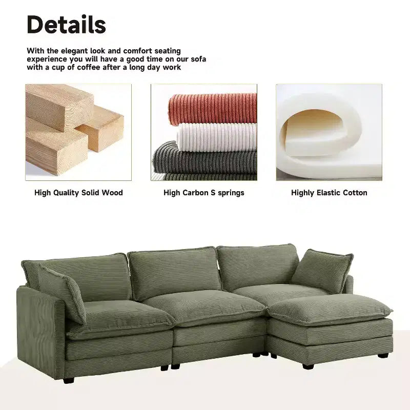 Canapé sectionnel moderne 4 pièces Likepay en velours côtelé de 284 cm de large avec ottoman