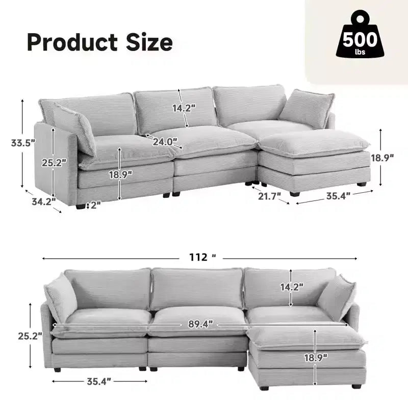 Canapé sectionnel moderne 4 pièces Likepay en velours côtelé de 284 cm de large avec ottoman