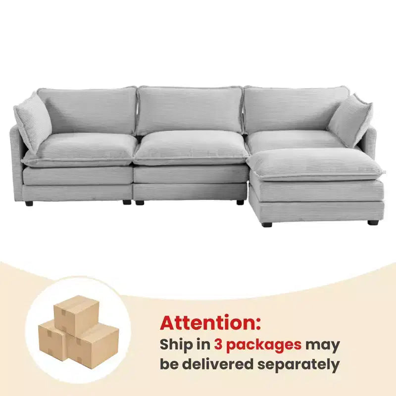 Canapé sectionnel moderne 4 pièces Likepay en velours côtelé de 284 cm de large avec ottoman