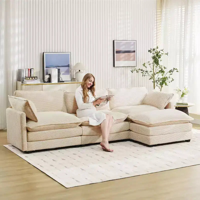 Canapé sectionnel moderne 4 pièces Likepay en velours côtelé de 284 cm de large avec ottoman