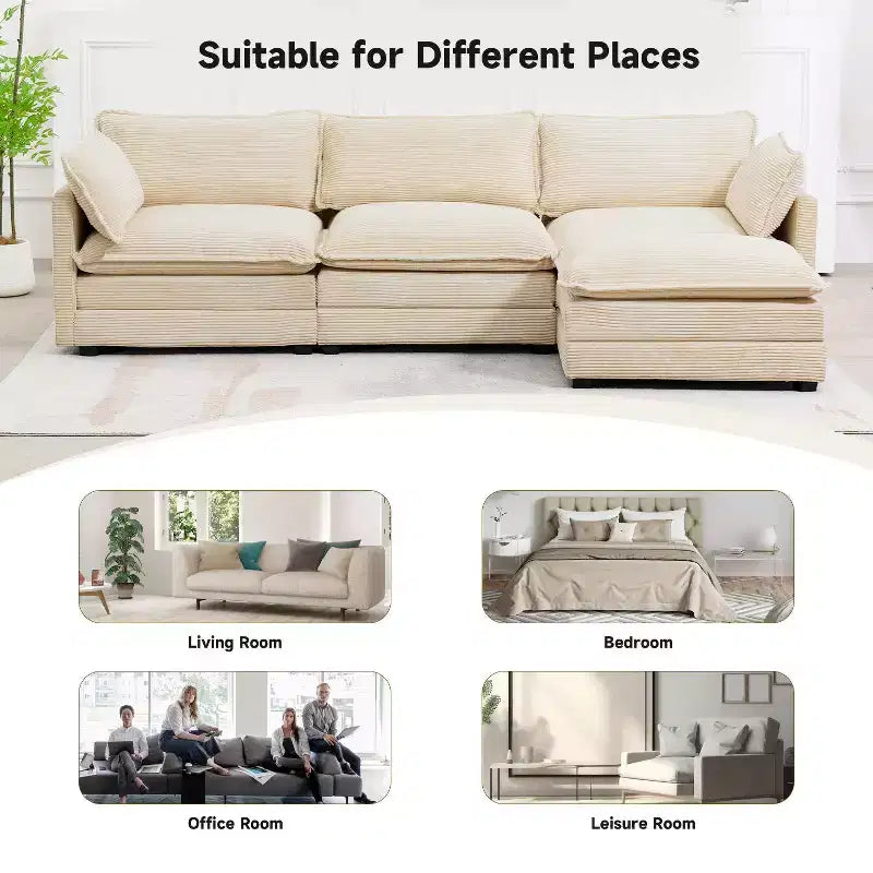 Canapé sectionnel moderne 4 pièces Likepay en velours côtelé de 284 cm de large avec ottoman