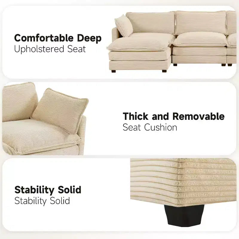 Canapé sectionnel moderne 4 pièces Likepay en velours côtelé de 284 cm de large avec ottoman