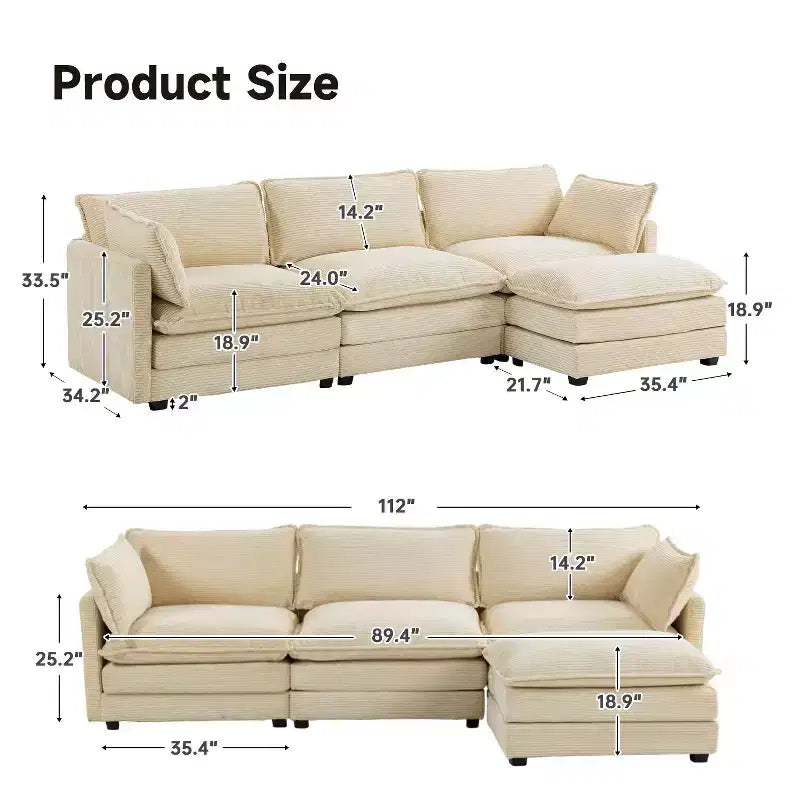 Canapé sectionnel moderne 4 pièces Likepay en velours côtelé de 284 cm de large avec ottoman