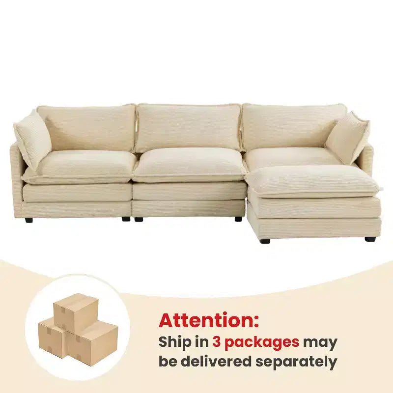 Canapé sectionnel moderne 4 pièces Likepay en velours côtelé de 284 cm de large avec ottoman