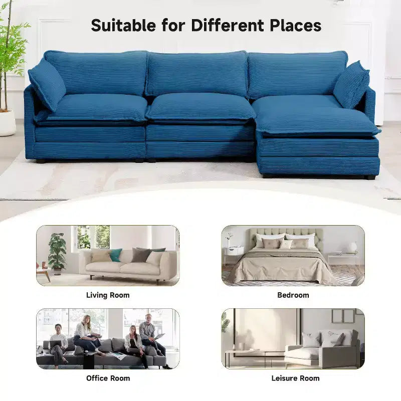 Canapé sectionnel moderne 4 pièces Likepay en velours côtelé de 284 cm de large avec ottoman