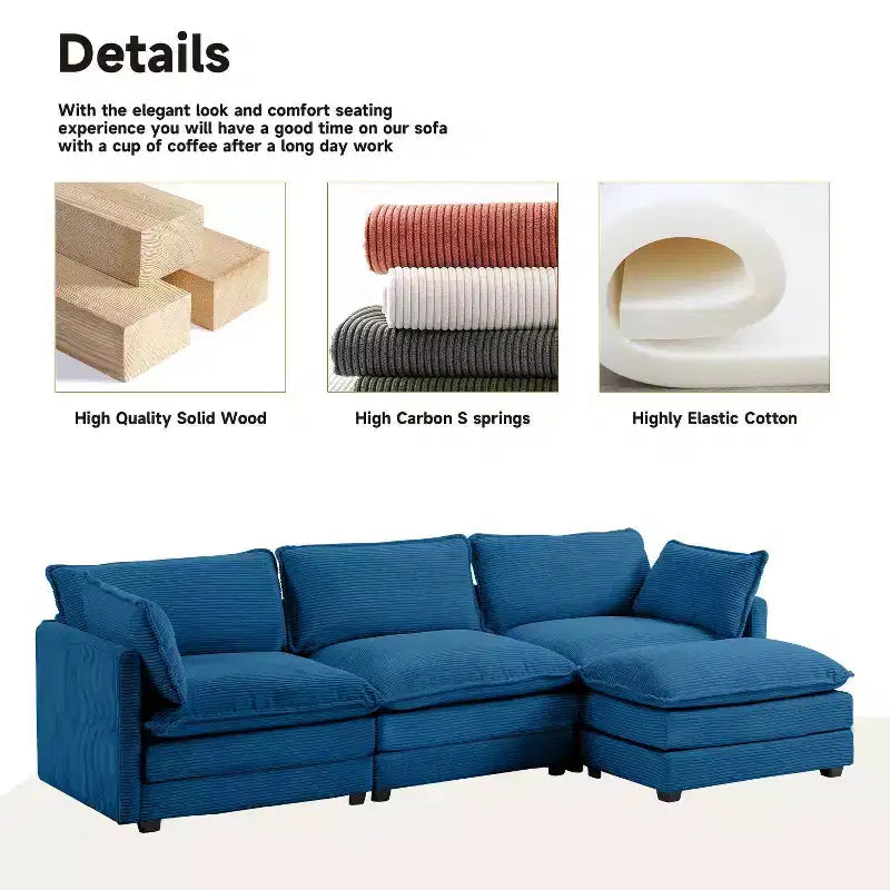 Canapé sectionnel moderne 4 pièces Likepay en velours côtelé de 284 cm de large avec ottoman