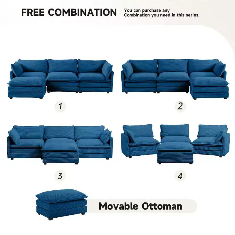 Canapé sectionnel moderne 4 pièces Likepay en velours côtelé de 284 cm de large avec ottoman