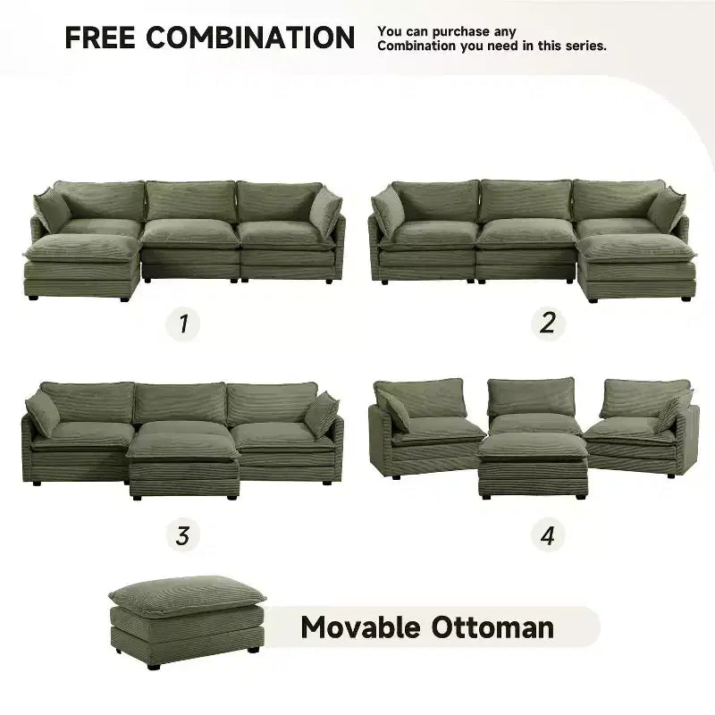 Canapé sectionnel moderne 4 pièces Likepay en velours côtelé de 284 cm de large avec ottoman