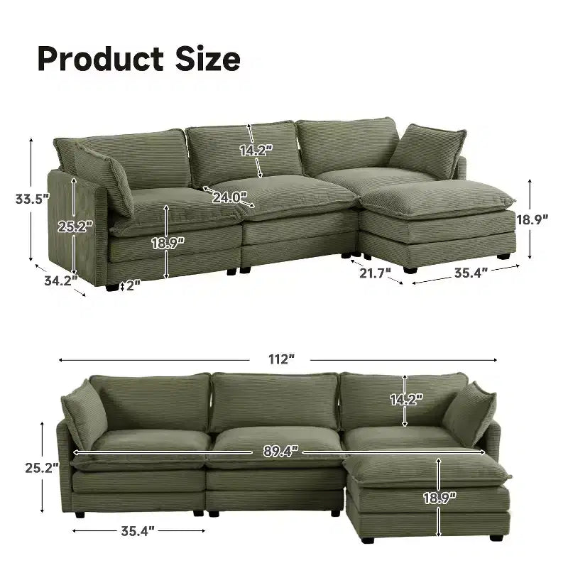 Canapé sectionnel moderne 4 pièces Likepay en velours côtelé de 284 cm de large avec ottoman