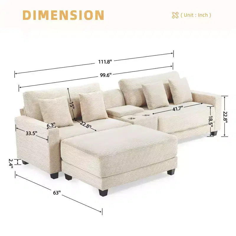 Hyleory Canapé d'angle en velours côtelé 3 places de 284 cm avec pouf pour salon