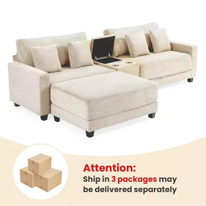 Hyleory Canapé d'angle en velours côtelé 3 places de 284 cm avec pouf pour salon