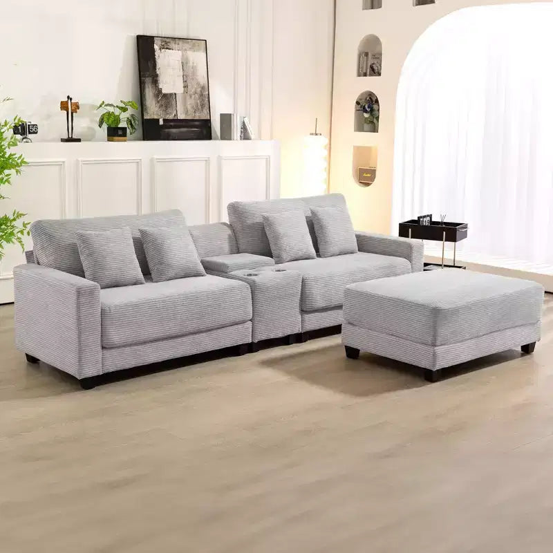 Hyleory Canapé d'angle en velours côtelé 3 places de 284 cm avec pouf pour salon