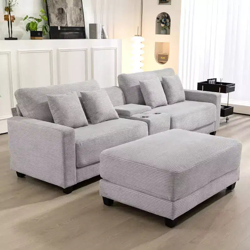 Hyleory Canapé d'angle en velours côtelé 3 places de 284 cm avec pouf pour salon