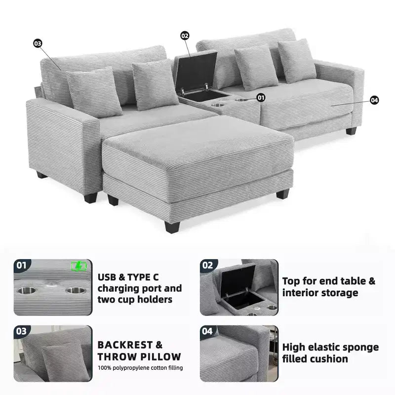 Hyleory Canapé d'angle en velours côtelé 3 places de 284 cm avec pouf pour salon