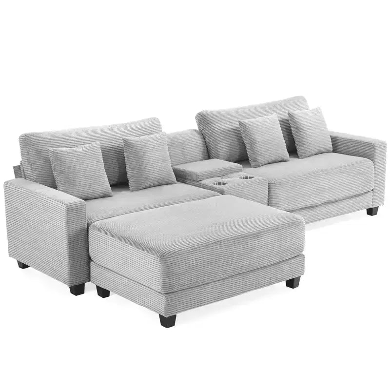 Hyleory Canapé d'angle en velours côtelé 3 places de 284 cm avec pouf pour salon