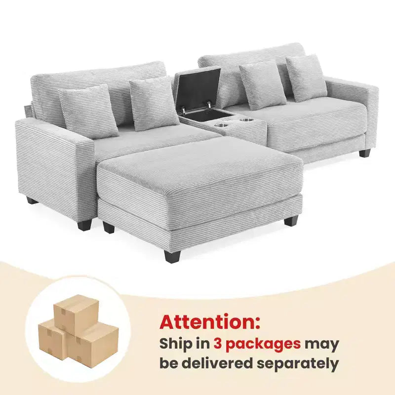 Hyleory Canapé d'angle en velours côtelé 3 places de 284 cm avec pouf pour salon