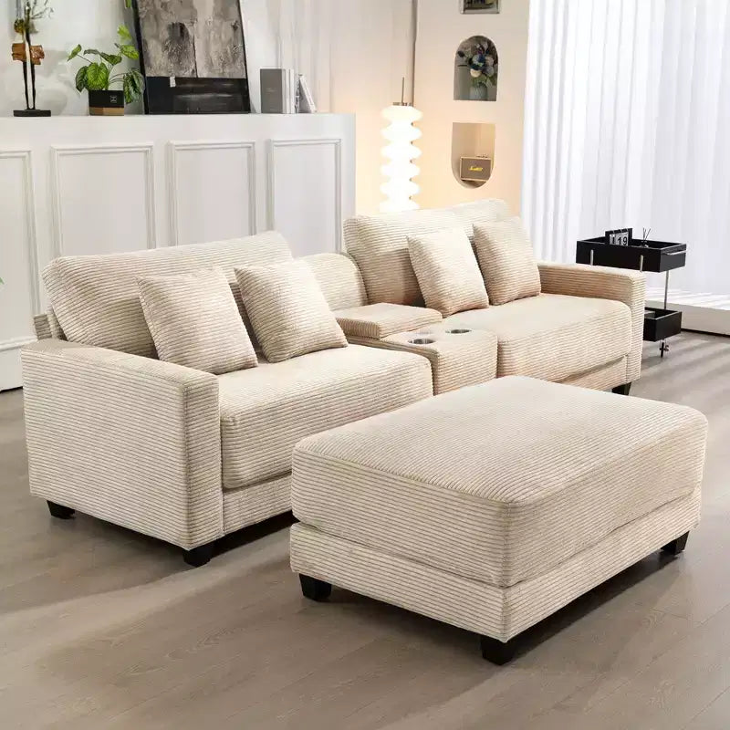 Hyleory Canapé d'angle en velours côtelé 3 places de 284 cm avec pouf pour salon